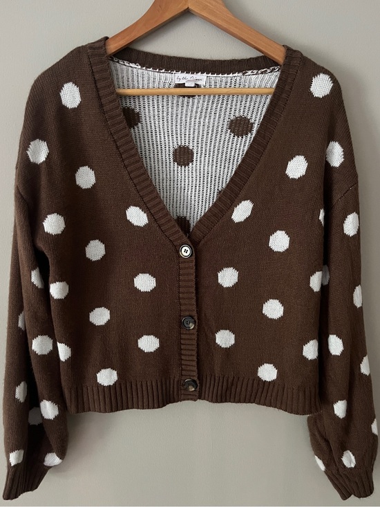By The River Sweaters - Polka Dot V-Neck Cardigan Sweater - Brown & White